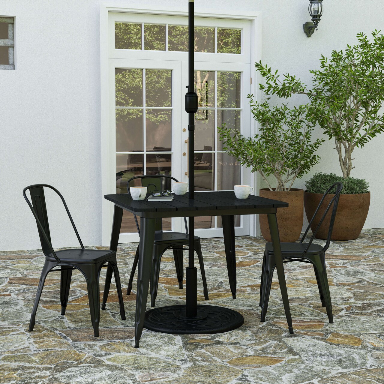 Merrick Lane Dryden Indoor/Outdoor Dining Table with Umbrella Hole, 36" Square All Weather Poly Resin Top and Steel Base